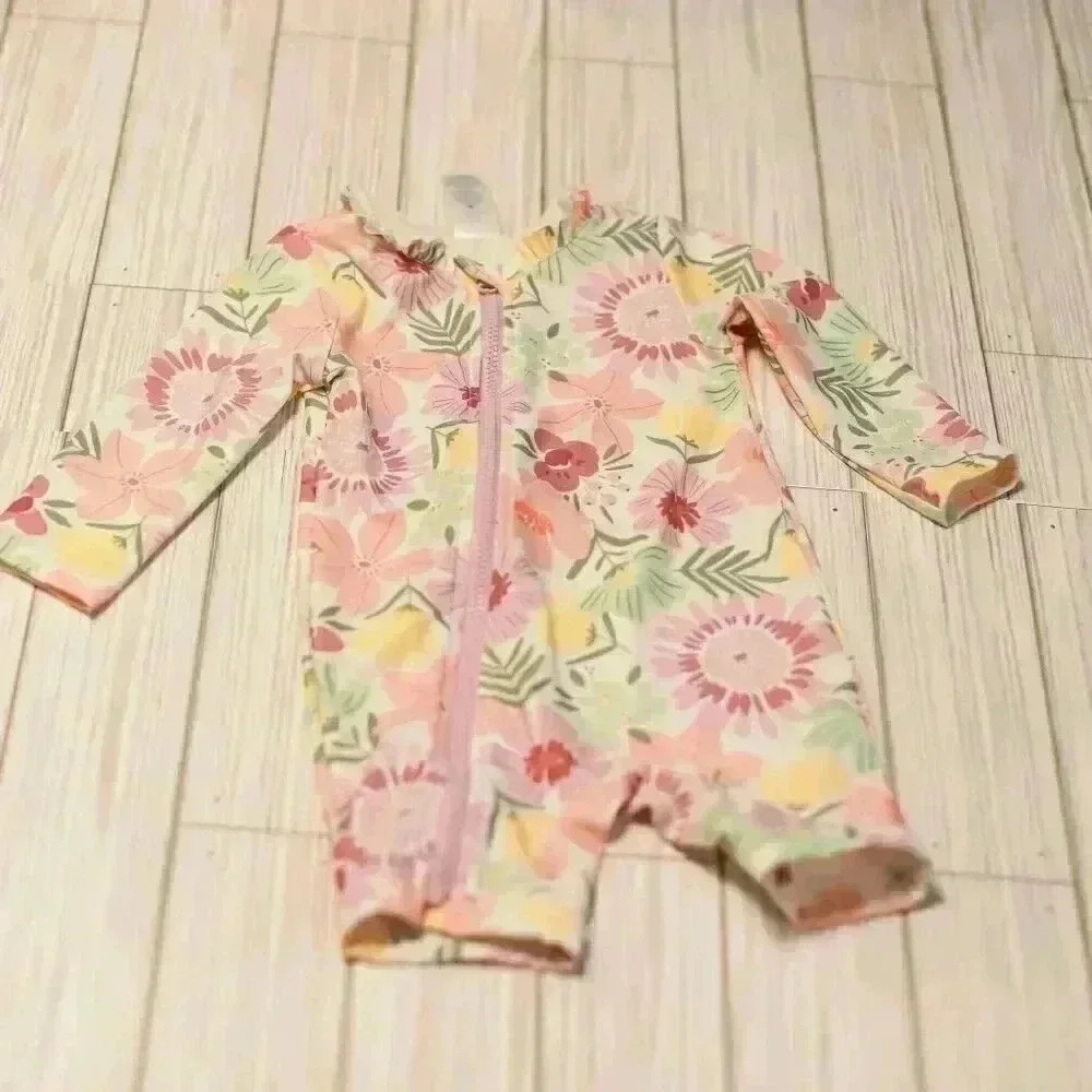 Carter's size 6 months rash guard long sleeve asymmetrical zip pink/yellow/purpl